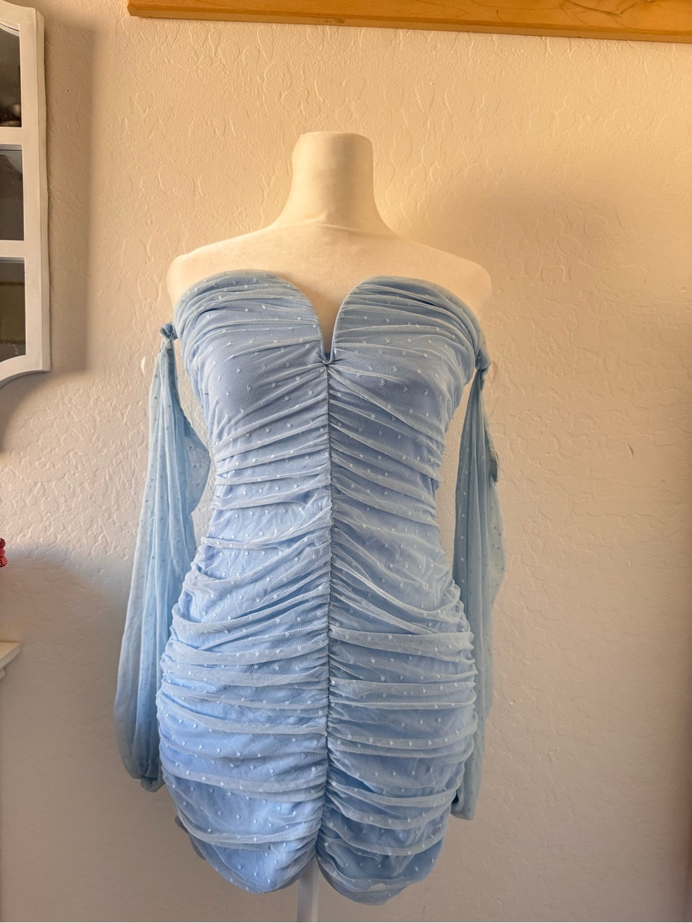 Sabora Light Blue Off-Shoulder Ruched Polkadot Mini Dress
